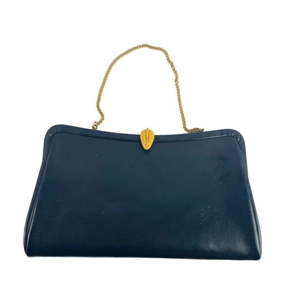 Navy Blue Faux Leather Handbag Goldtone Leaf Clasp Hinged‎ Clutch